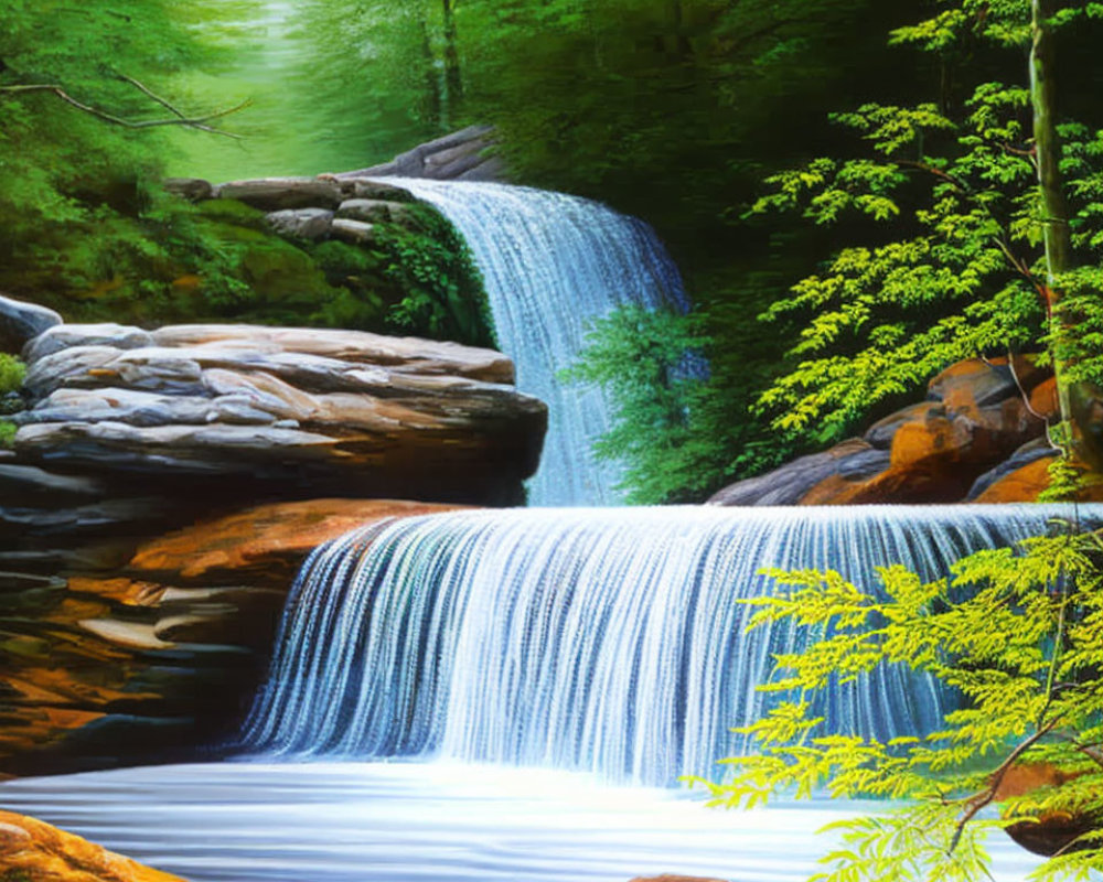 Tranquil waterfall flowing over layered rocks in lush green setting