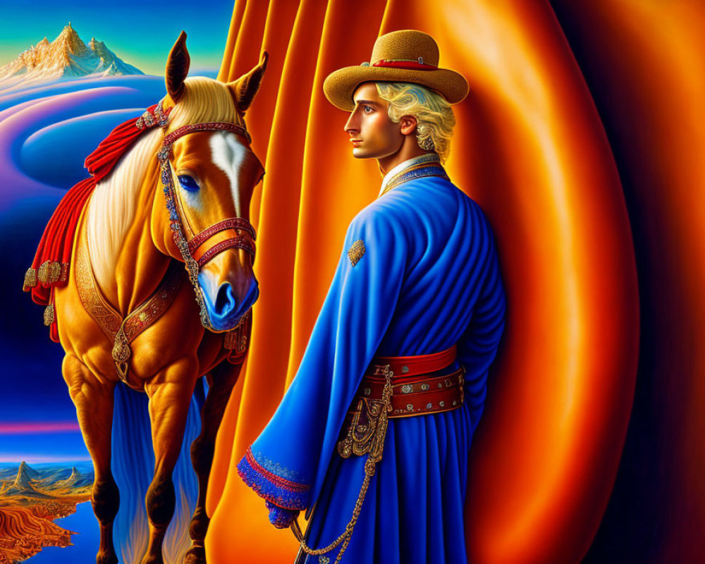 Illustration of person in blue cloak with golden horse in surreal landscape