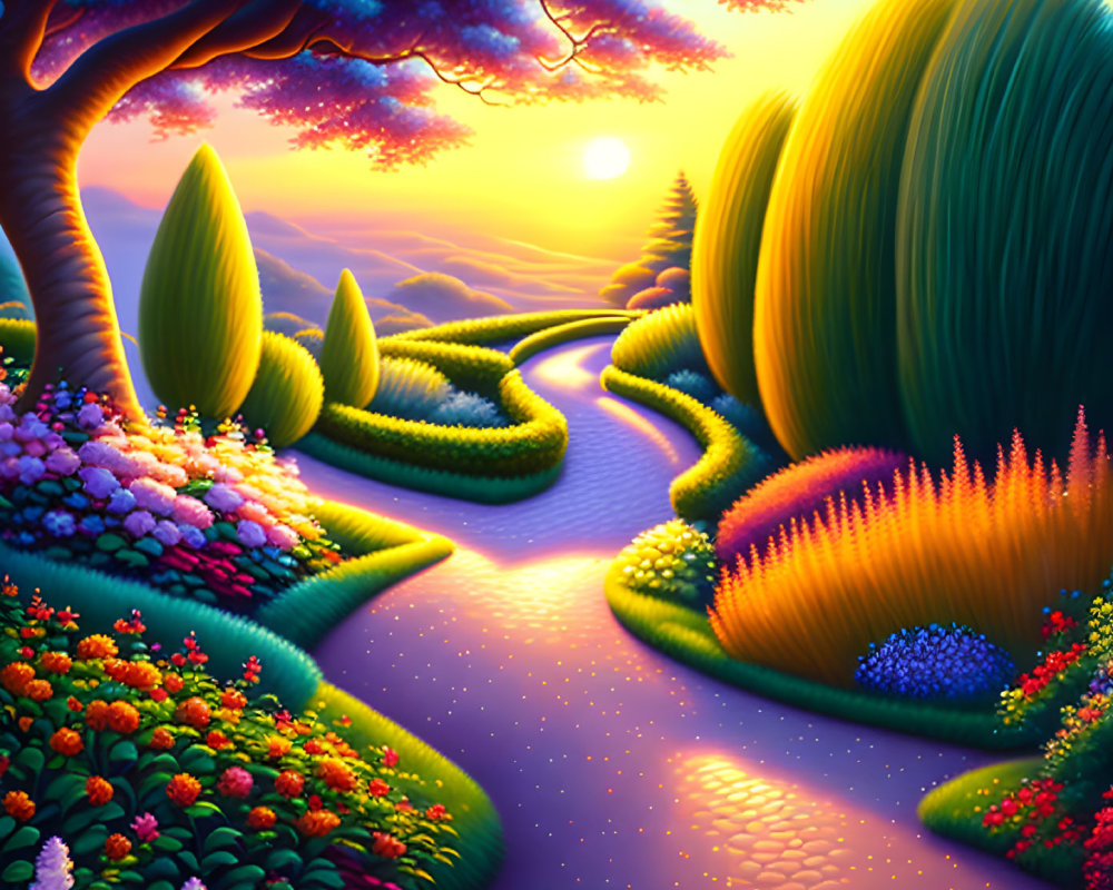 Colorful Sunset Landscape with River, Trees, Flowers, and Purple Sky