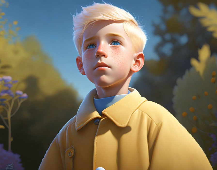 Young boy with blond hair in yellow coat against blue sky and floral backdrop