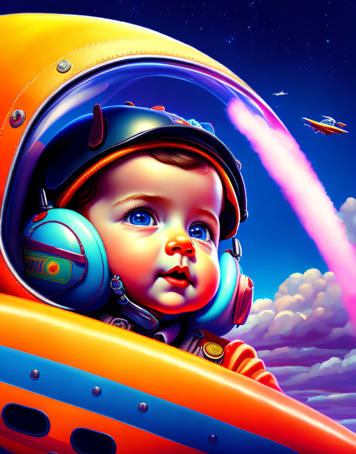 Vibrant baby illustration with oversized pilot helmet and sky scene