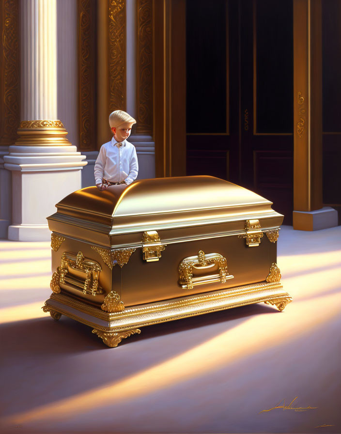 Young boy in suit by golden casket in sunlit room