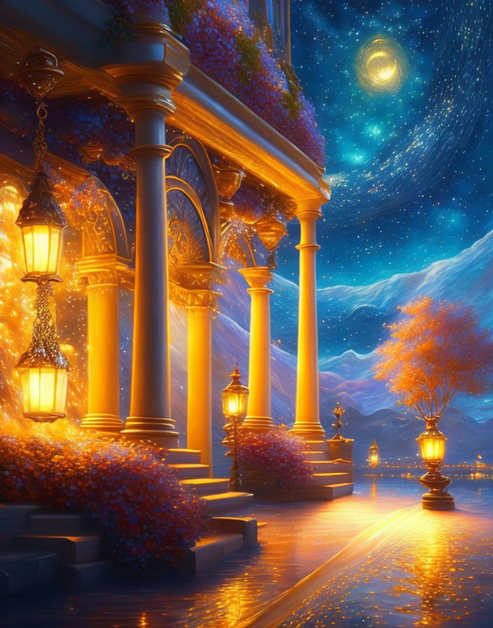 Fantasy-inspired scene with glowing lanterns, columned walkway, and starry night sky.