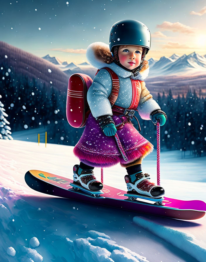 Child in winter clothing on snowboard in snowy twilight landscape