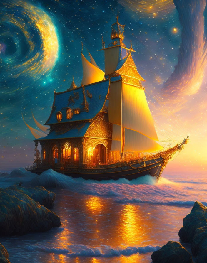 Ornate house-like ship sailing at dusk under starry sky