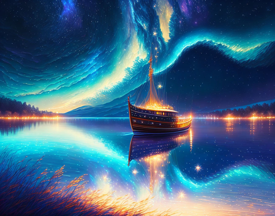 Colorful digital artwork: Boat under starry sky on tranquil water
