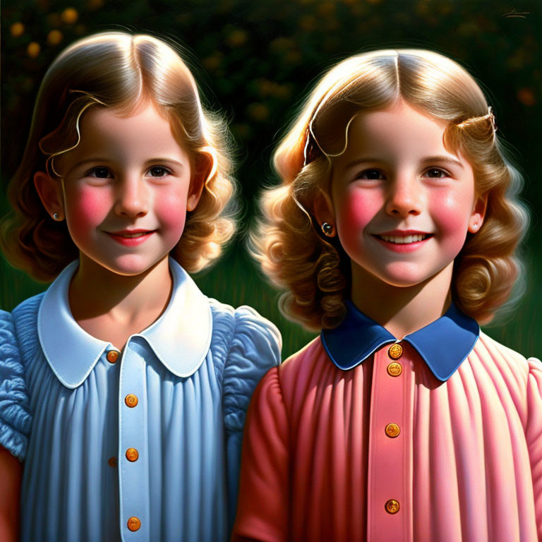 Two Girls in Pastel Blue and Pink Dresses Smiling in Sunlit Garden