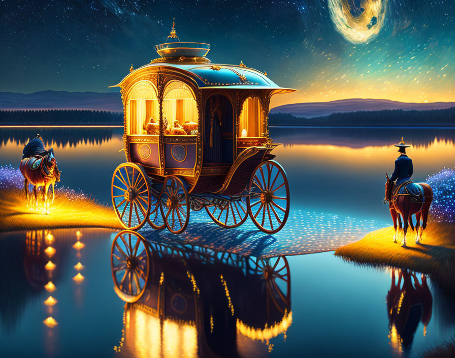 Ornate illuminated carriage with magical horse by tranquil lake