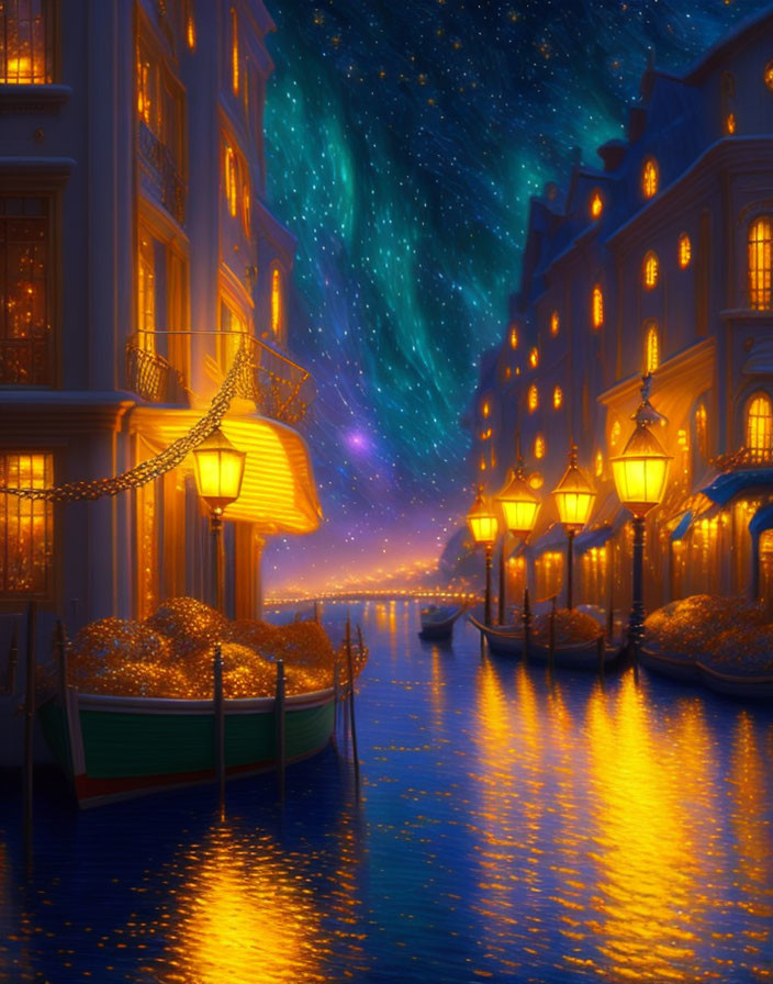 Tranquil night canal with starry sky, glowing windows, street lamps, boat, and golden