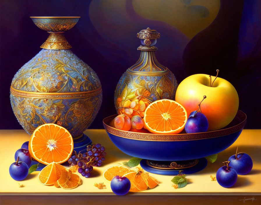 Colorful fruit and ornate vases in dark still life painting