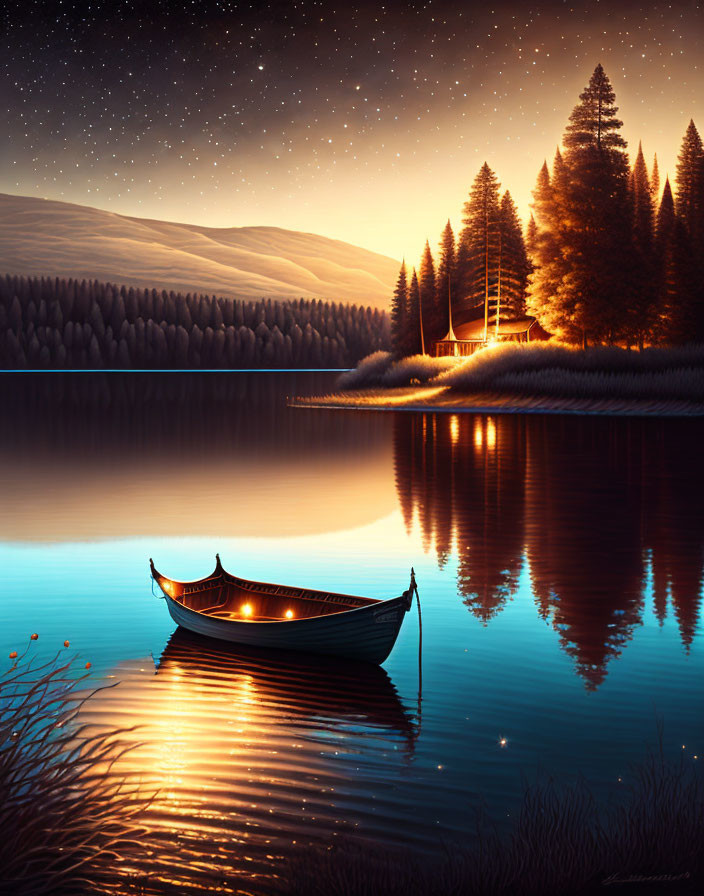 Tranquil night landscape with boat on calm lake, trees, starry sky, and distant cabin