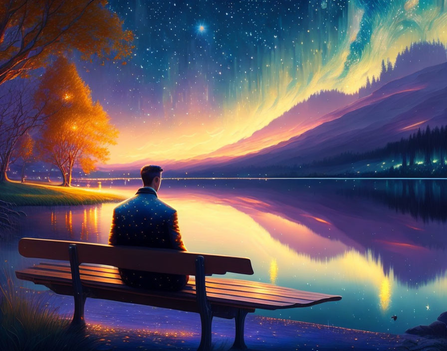 Person sitting on bench admiring night sky with shooting stars and aurora