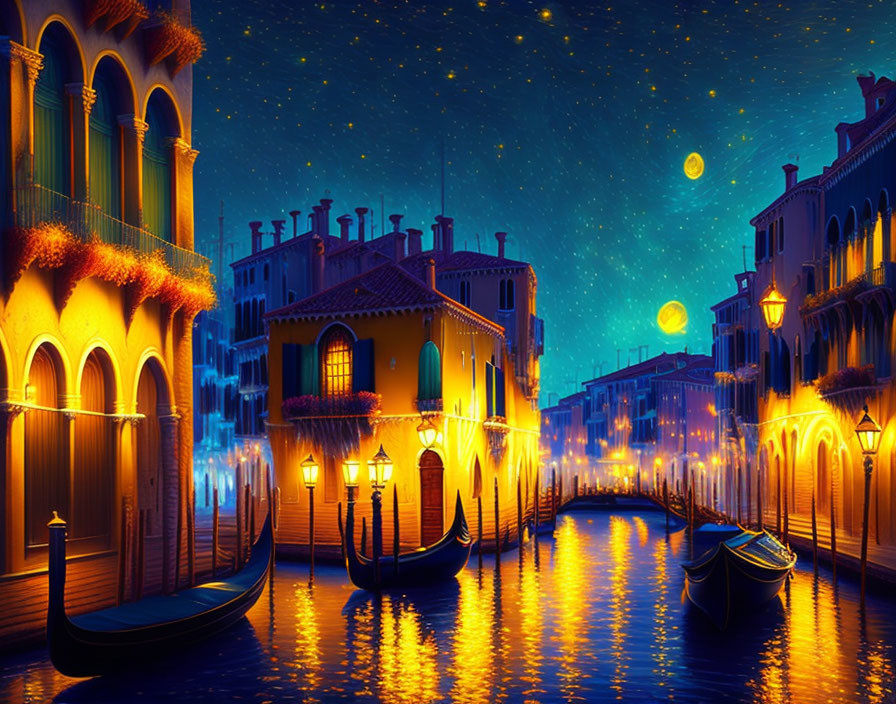 Digital Artwork: Venice Night Scene with Glowing Architecture