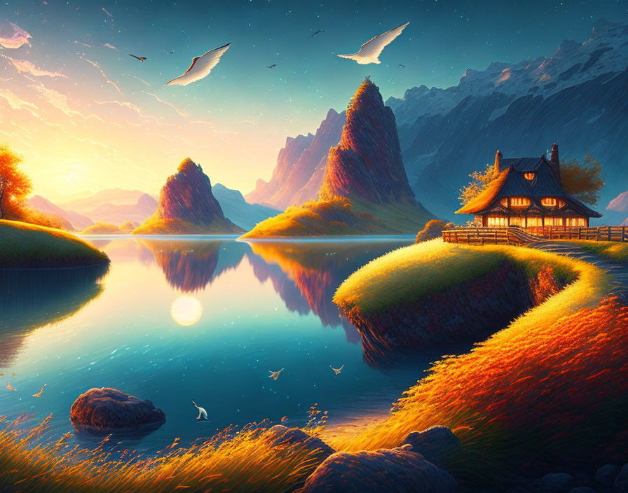 Tranquil lakeside sunset with traditional house and vibrant sky