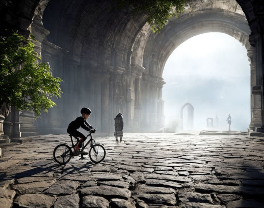 Child riding bicycle on cobblestone street under archway with foggy backdrop