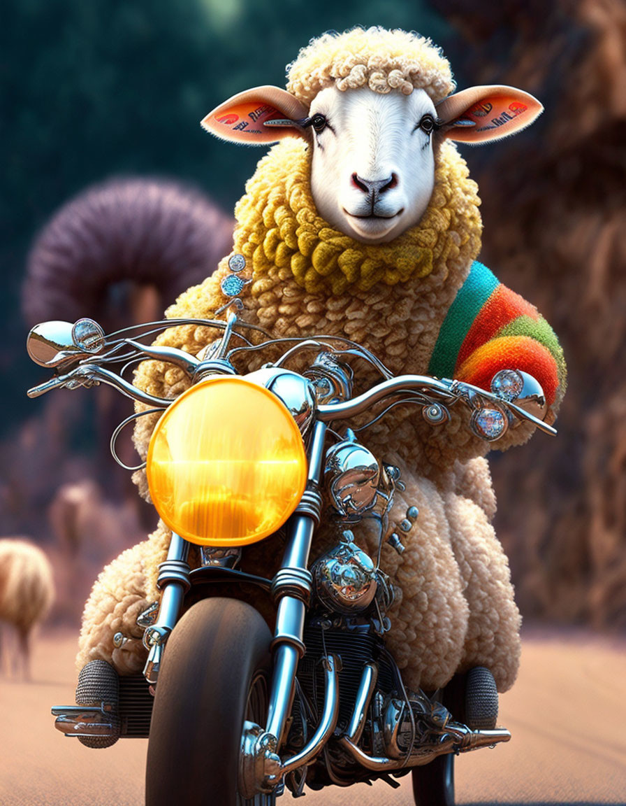 Colorful Scarf-Wearing Sheep on Motorcycle with Another Sheep