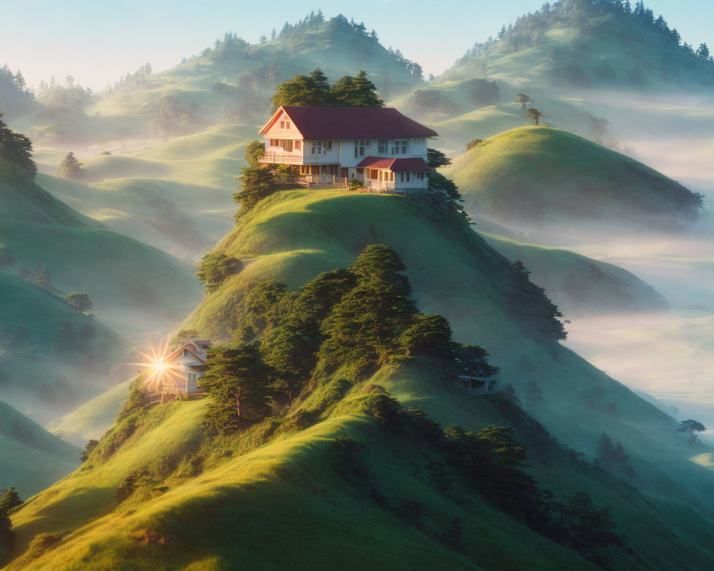 Sunrise view of misty hilltop house and rolling hills with sunbeams.