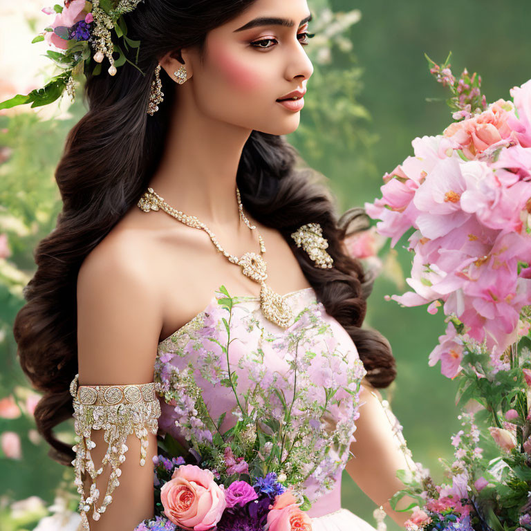 Woman with Wavy Hair and Floral Dress Surrounded by Flowers