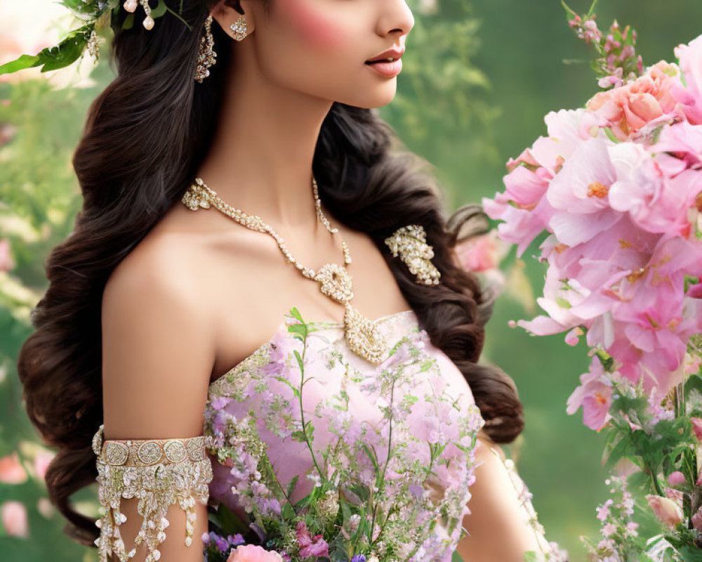 Woman with Wavy Hair and Floral Dress Surrounded by Flowers