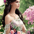 Woman with Wavy Hair and Floral Dress Surrounded by Flowers