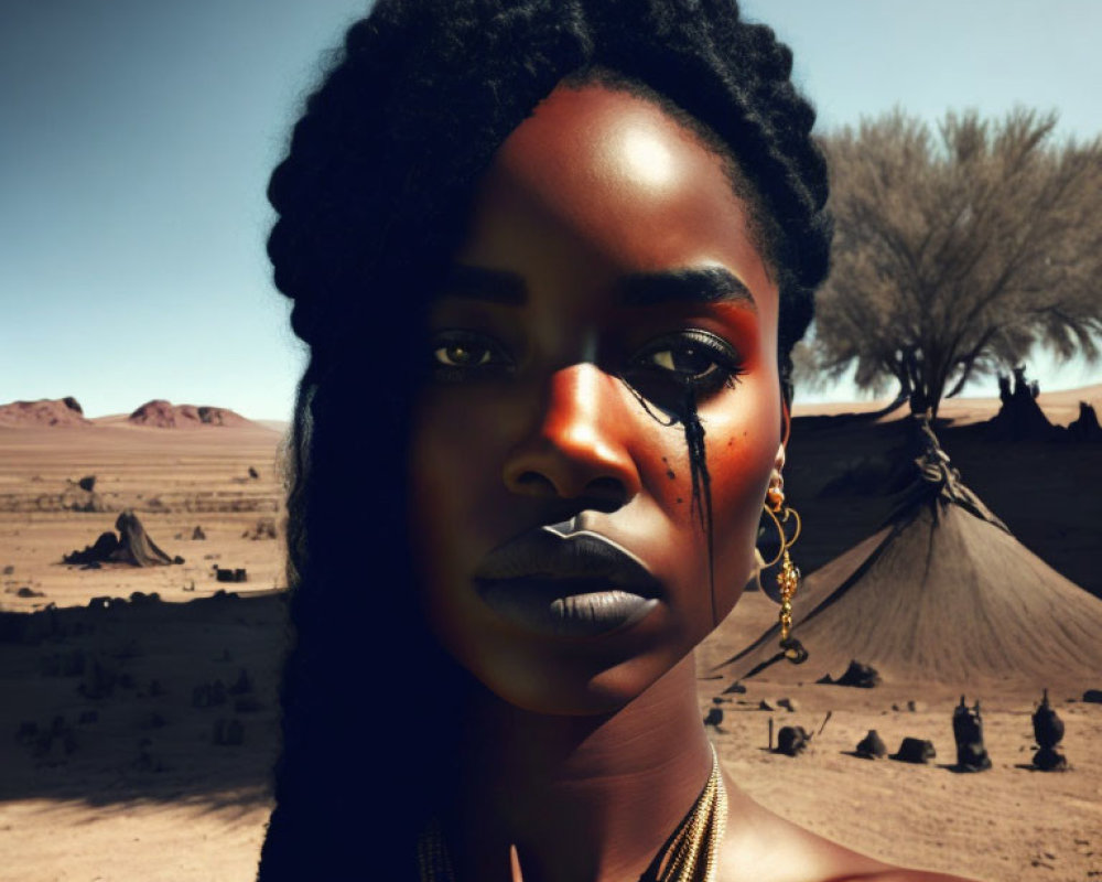 Portrait of woman with orange streak makeup in desert landscape.