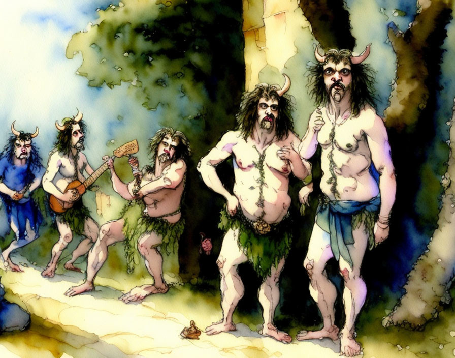 Whimsical cavemen musicians with exaggerated features and instruments in prehistoric setting