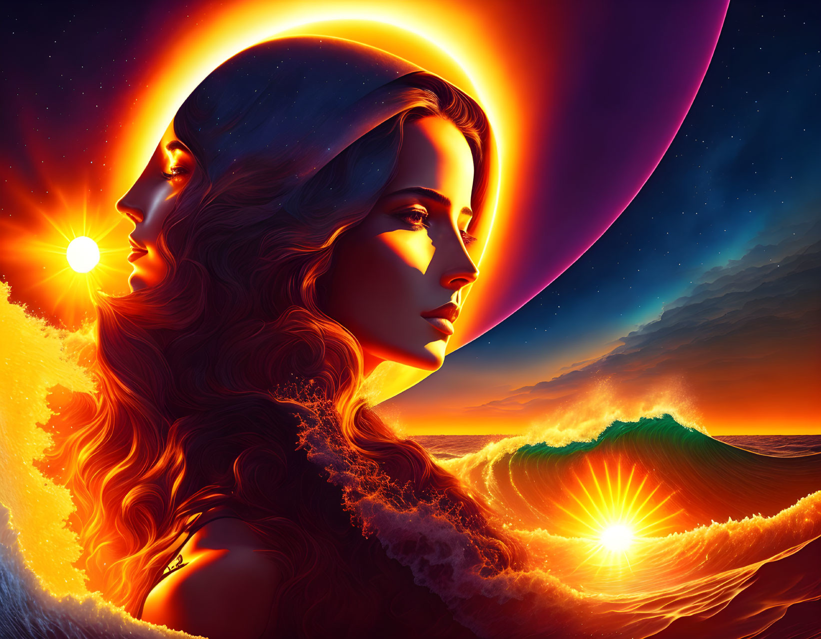 Woman's profile merges with sunset, waves, and celestial bodies in artistic illustration