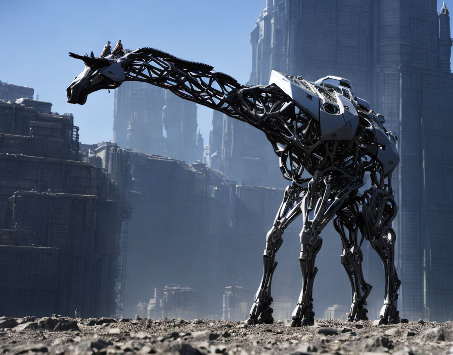 Futuristic robotic giraffe in urban cityscape