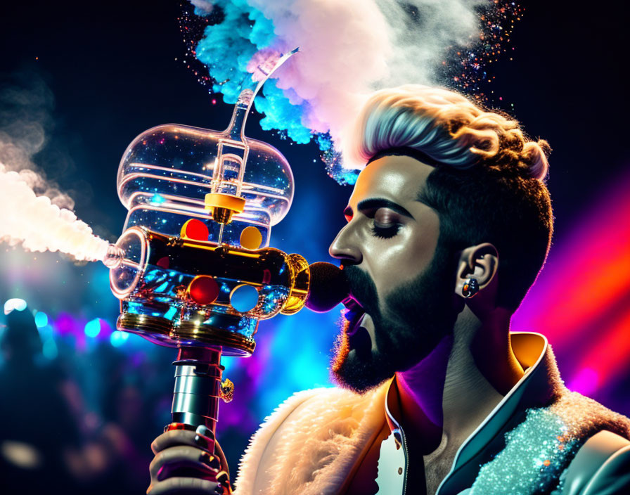 Bearded man exhales colorful smoke from futuristic hookah