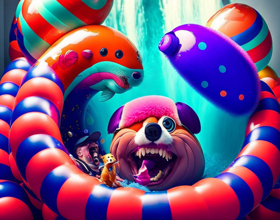 Vibrant Illustration: Giant happy dog on water slide with characters