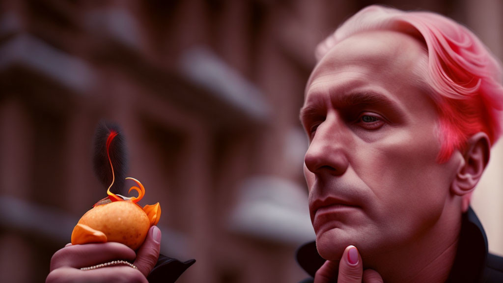 Serious man with pink hair holding peeled citrus fruit with feather