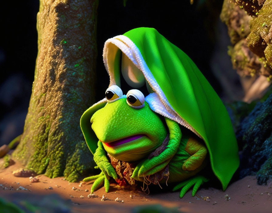 Thoughtful cartoon frog in green cloak by tree