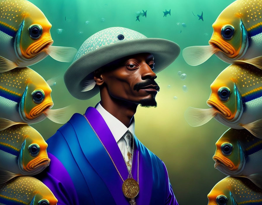 Colorful portrait of man with goatee in blue and purple outfit among fish and bubbles