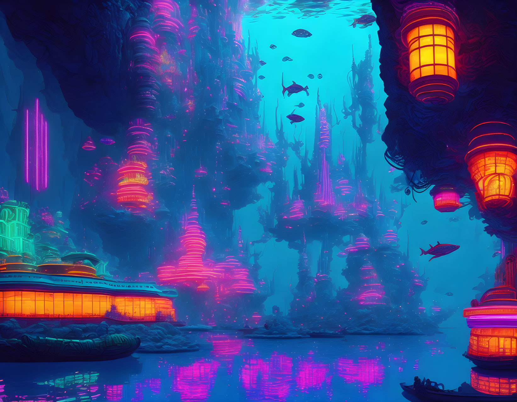 Colorful underwater cityscape with neon lights, towering structures, exotic fish, and small boat.