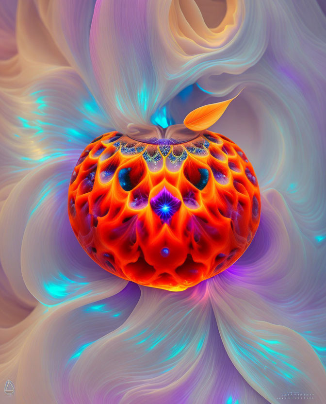 Colorful digital artwork: Ornate orange fractal pumpkin with leaf on swirling pastel backdrop