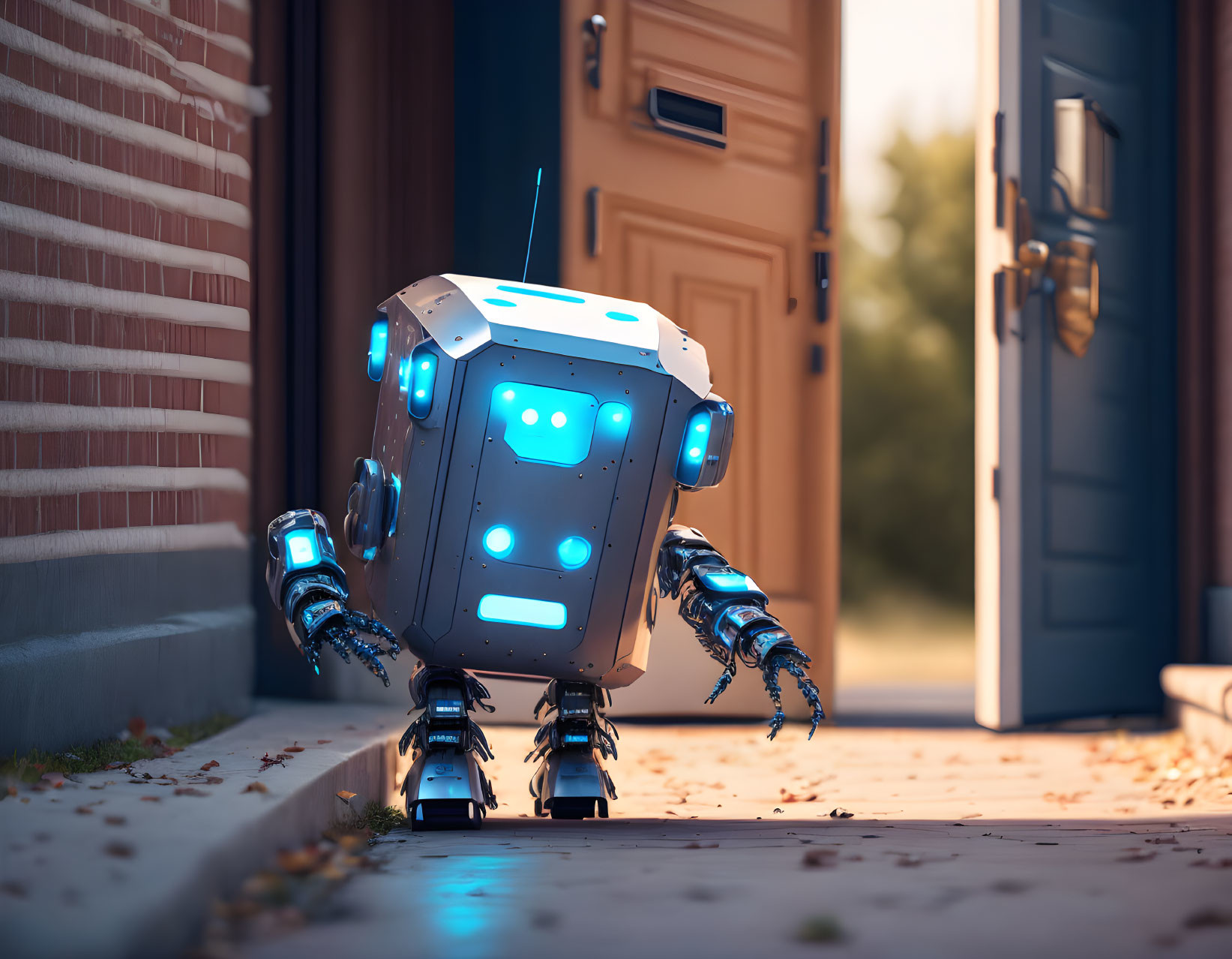 Realistic futuristic robot with blue lighting stepping near building entrance