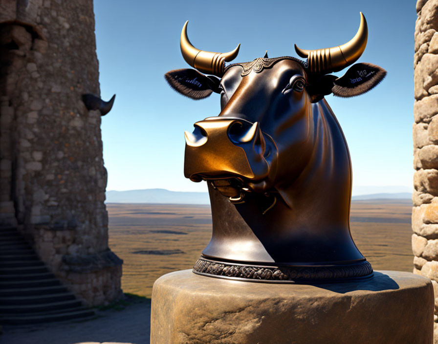 Bronze bull statue against hills and ruins under clear sky