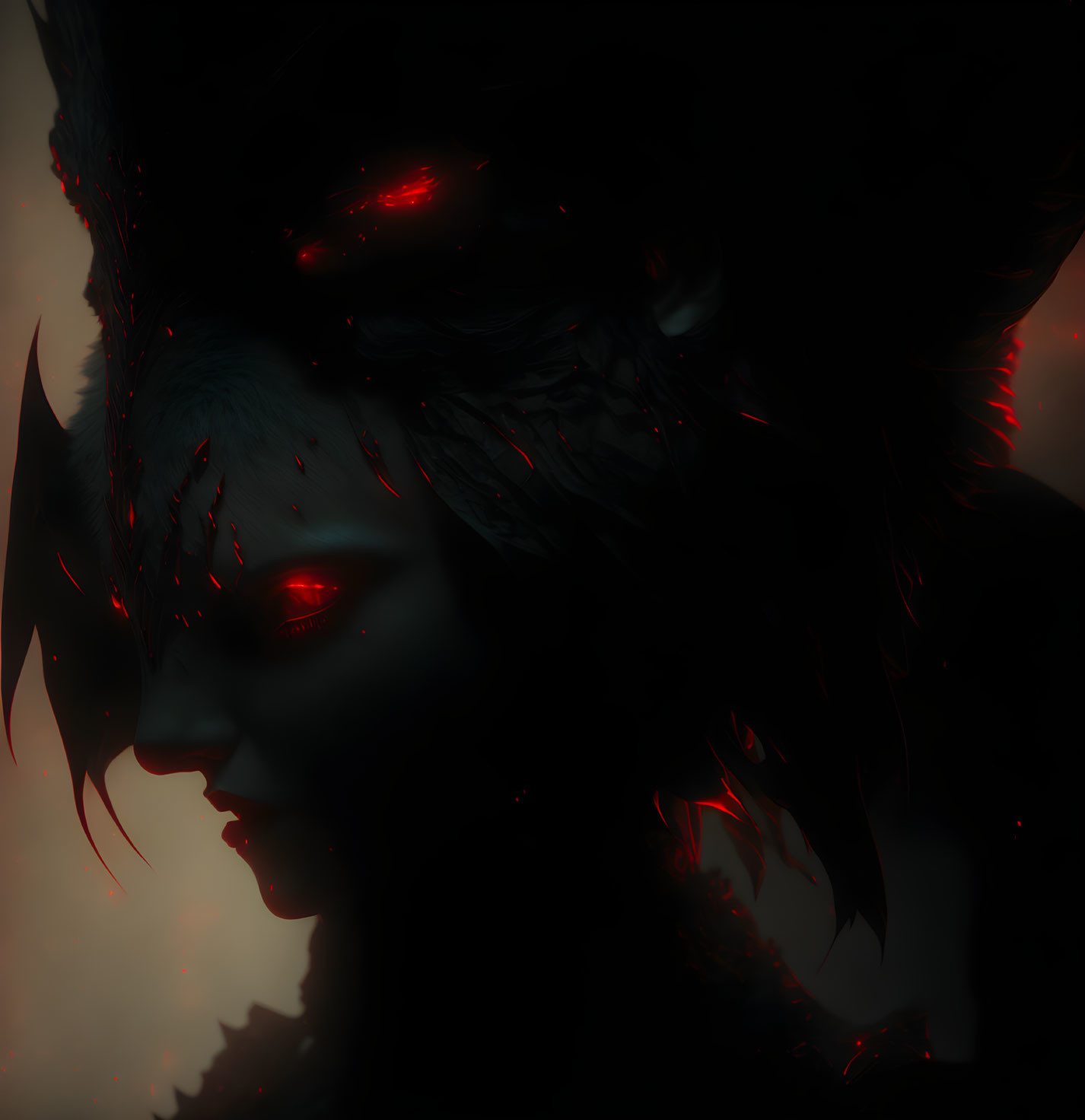 Fantasy creature with red glowing eyes in dark, moody close-up