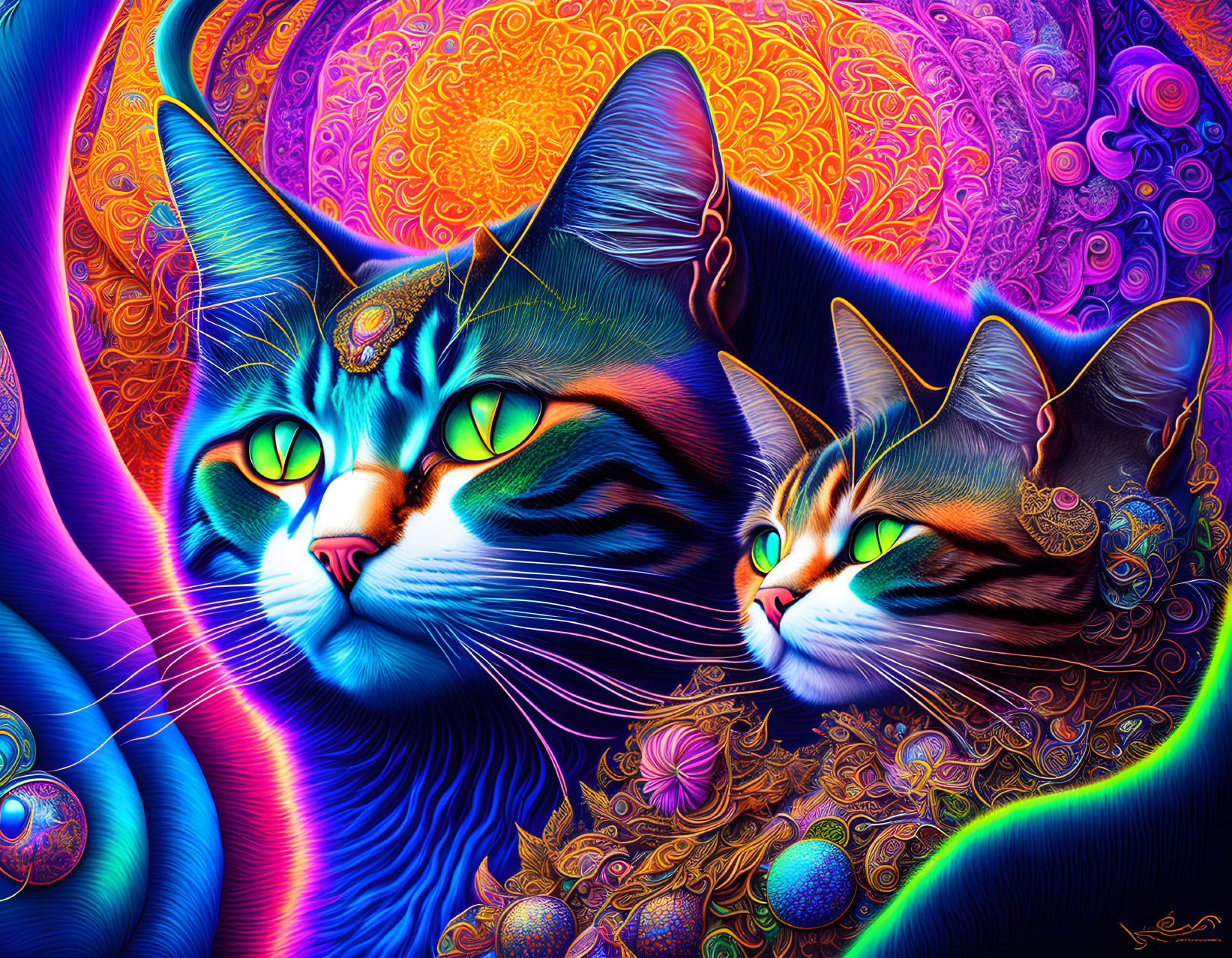 Vibrant digital artwork featuring two stylized cats in intricate patterns