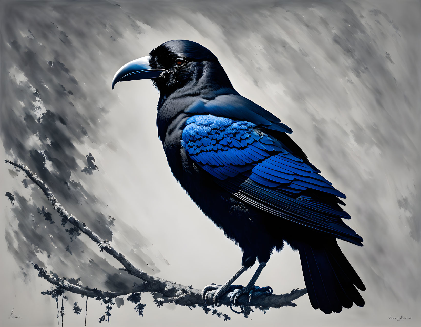 Vivid black raven with blue feathers on branch under grey sky