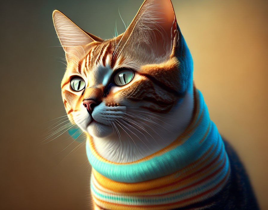 Orange Tabby Cat in Turquoise Striped Turtleneck Sweater gazes thoughtfully.