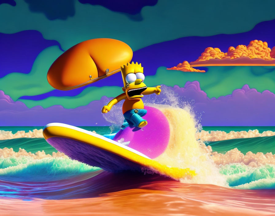 Animated character surfing colorful wave under surreal purple sky with hot dog