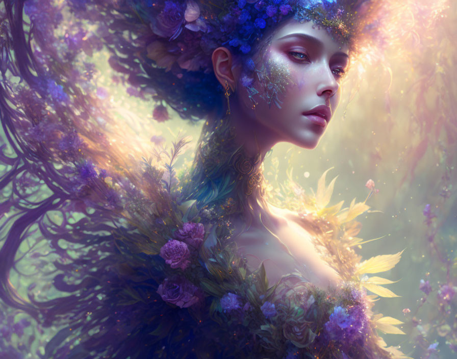 Ethereal woman portrait with floral elements in lavender ambiance