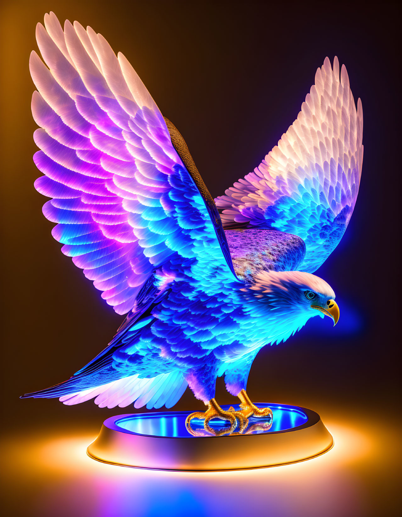 Digitally altered bald eagle with rainbow wings in flight on dark neon background