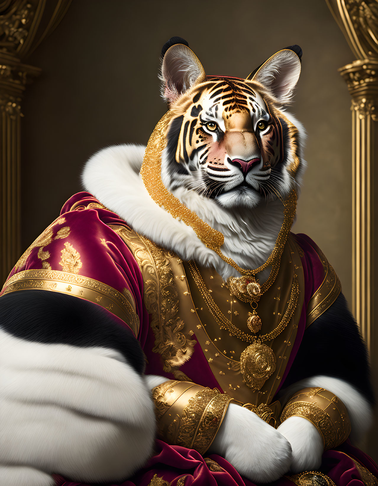 Regal anthropomorphic tiger in ornate attire against classical backdrop