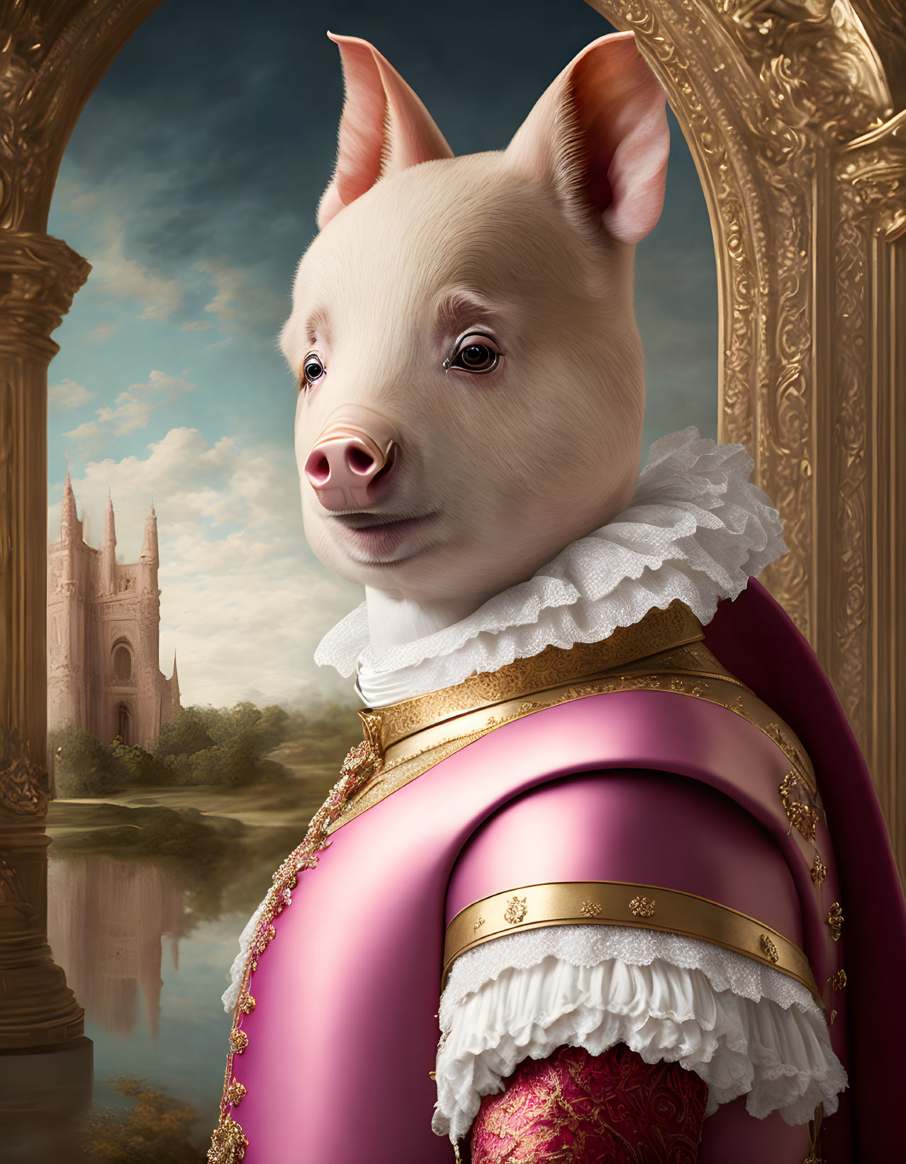 Renaissance Attired Pig in Front of Cathedral Landscape