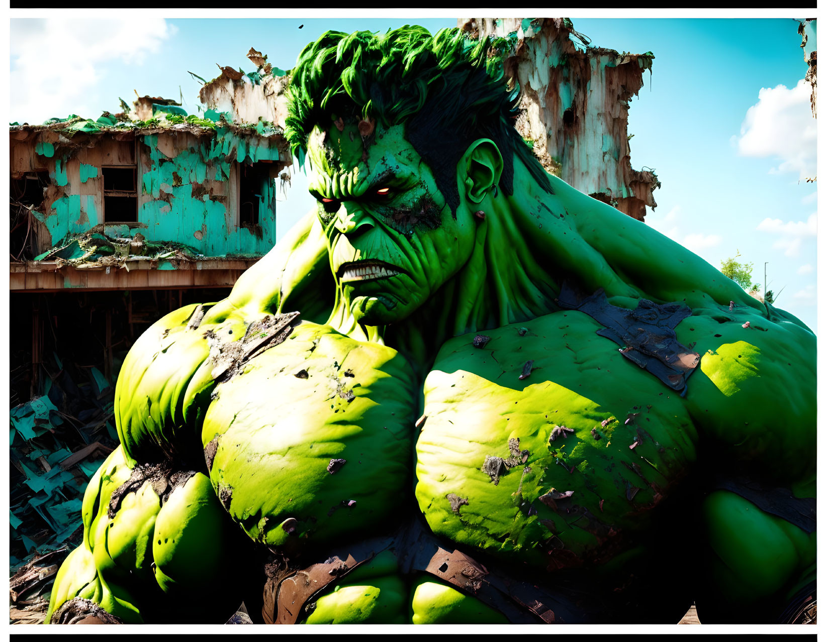 Green Hulk comic book character in front of dilapidated buildings.