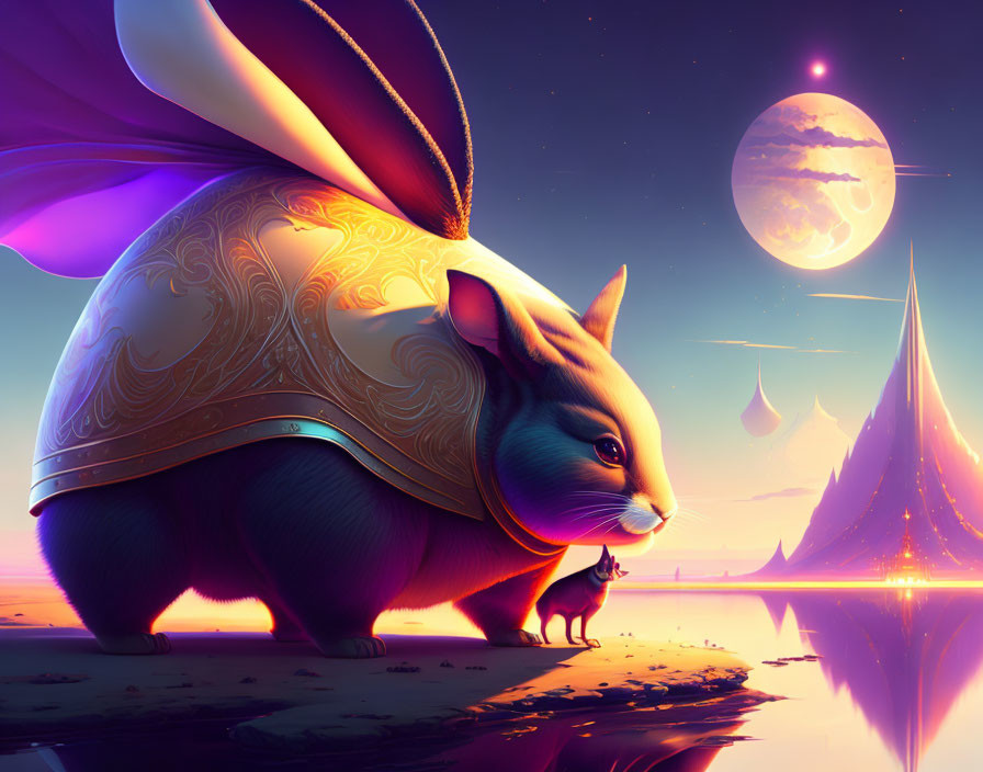 Stylized large rabbit in ornate armor under purple sky with full moon, smaller rabbit near reflective