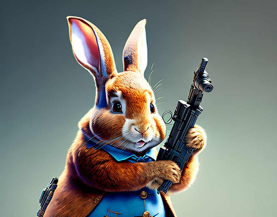 Anthropomorphic rabbit in suit with gun and confident expression