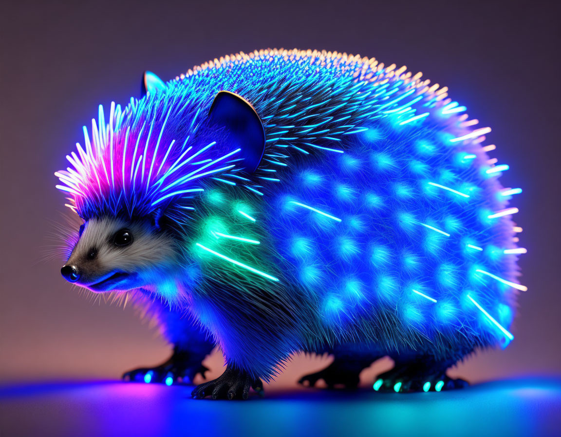 Vibrant neon-lit hedgehog on purple background